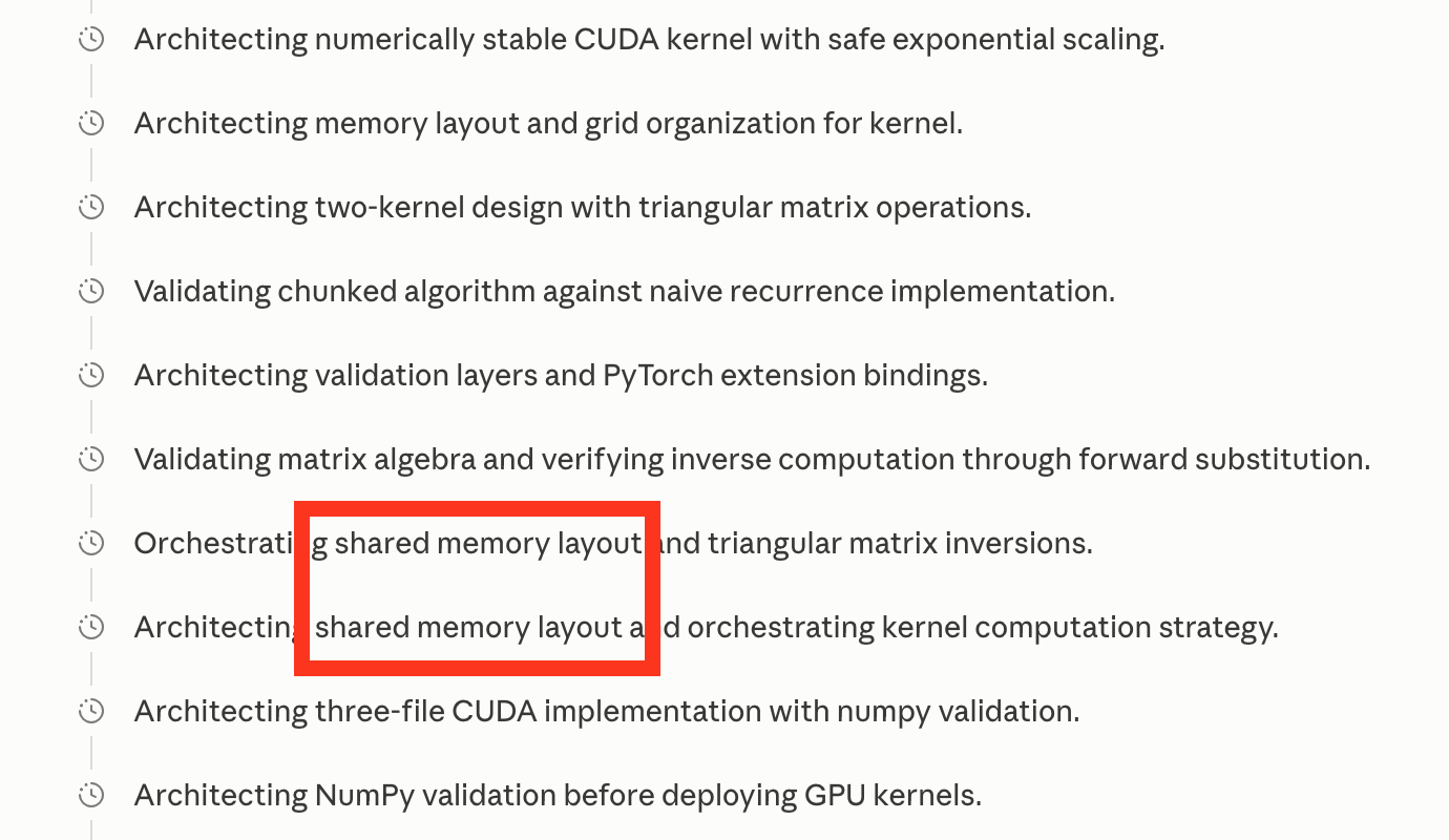Reasoning summary of Fable 5 writing a Kimi Delta Attention kernel in CUDA